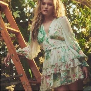 Hemant & Nandita botanical shimmer Zaina ruffle tiered mini dress